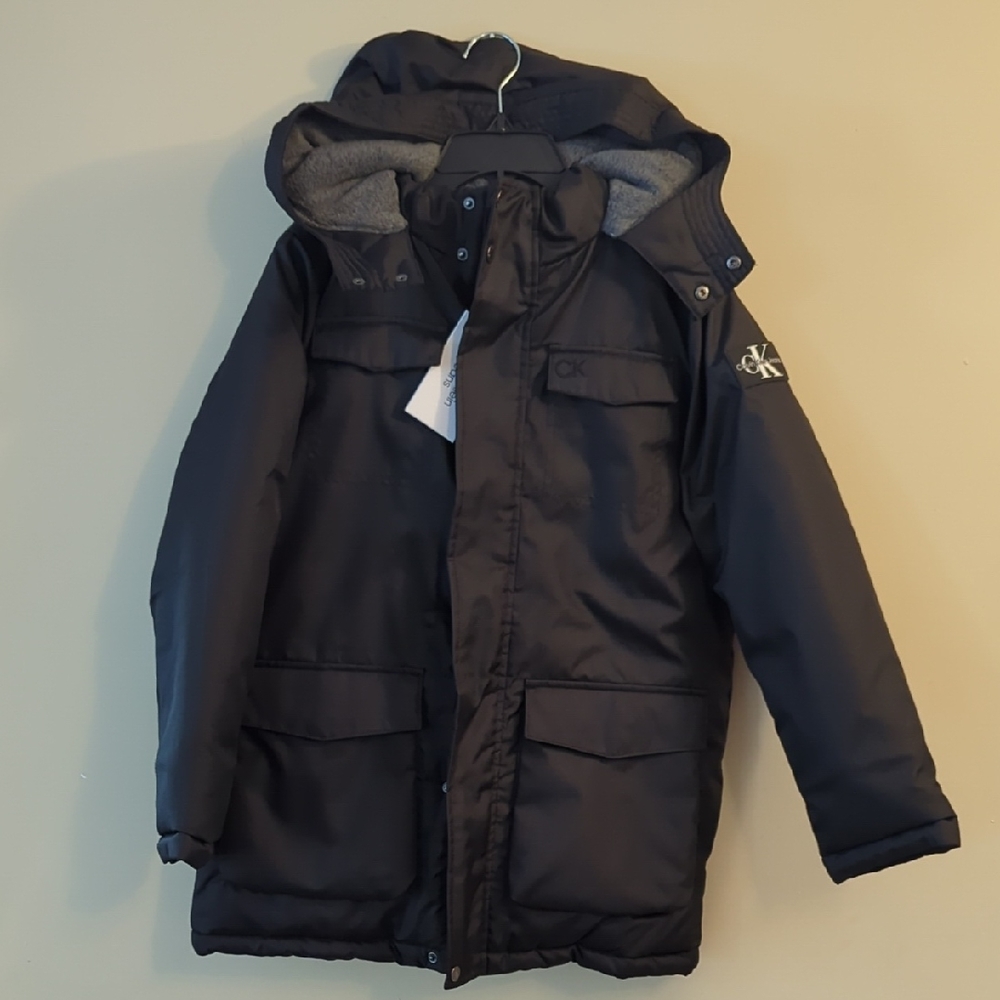 Calvin Klein Black Hooded military coat kids size 10/12 new with tags